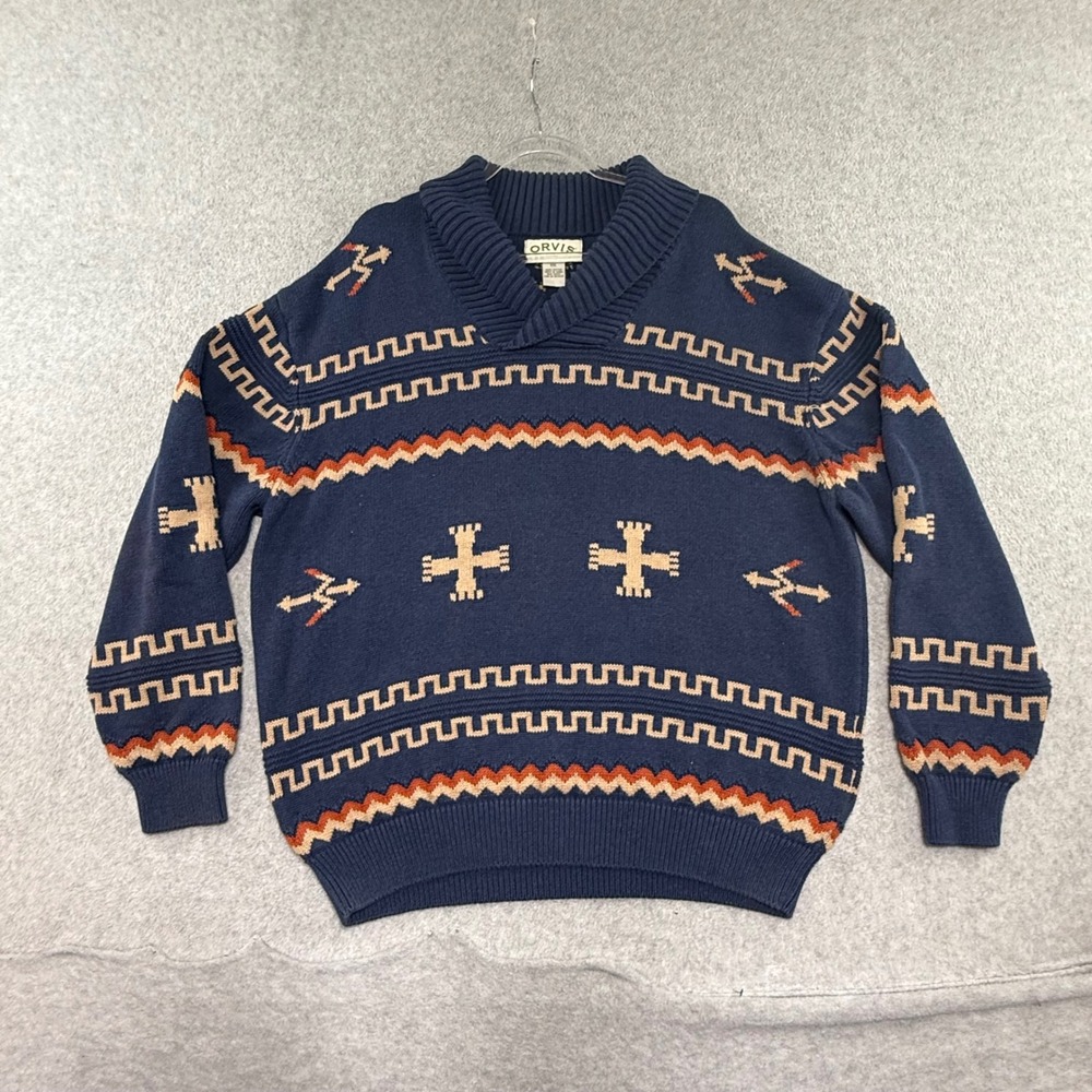 Orvis Sweater Mens XXL Blue Southwestern Cotton Aztec Shawl Collar Jacquard Knit